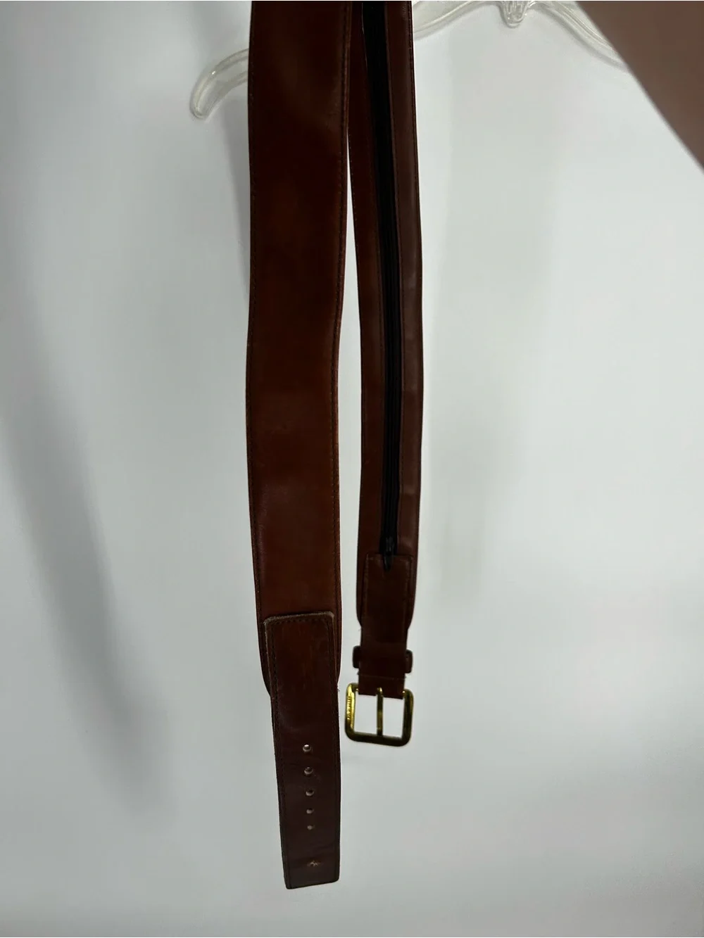 L. L. Bean Brown Leather Hidden Zipper Travel Belt Brass Buckle Men's 38in USA